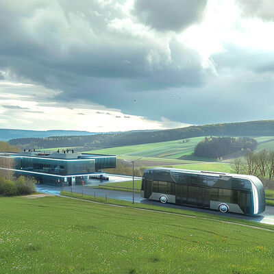 Bild vergr&ouml;&szlig;ern: KI-generierte Ansicht des Hydro Park mit Autobus.